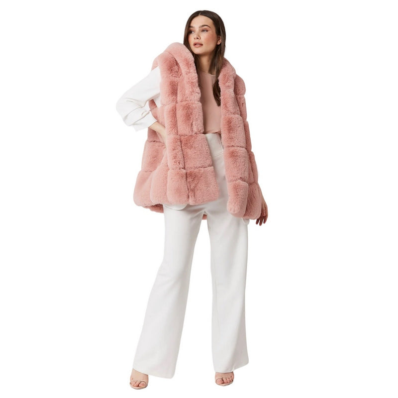 Faux Fur Long Hooded Gilet Pink FMG55A-06 on model front