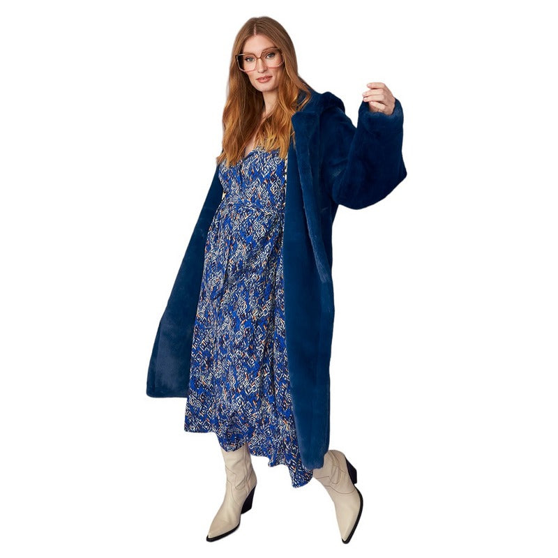 Faux Shearling Long Hooded Coat Blue CHCTA63A-07H on model front main