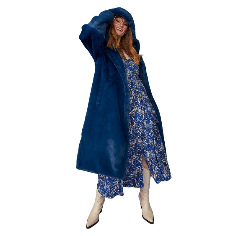 Faux Shearling Long Hooded Coat Blue CHCTA63A-07H on model front with hood up