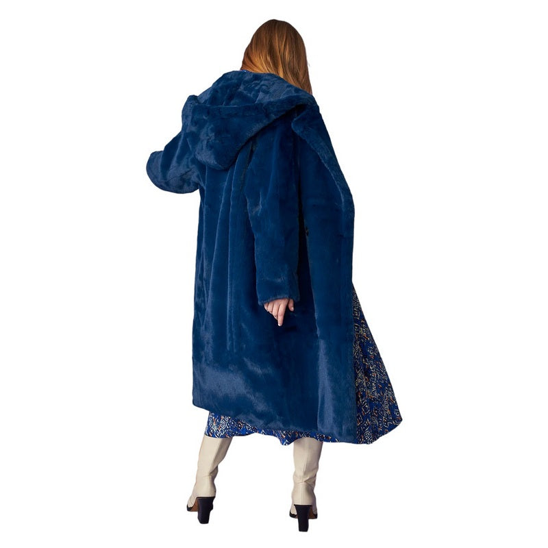 Faux Shearling Long Hooded Coat Blue CHCTA63A-07H on model rear