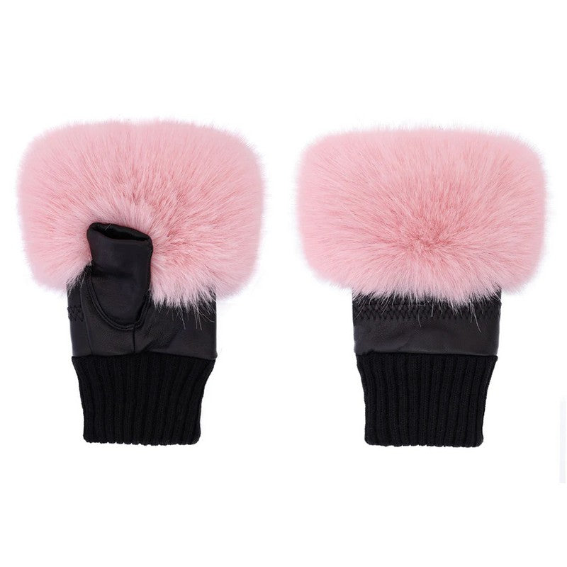 Fingerless Gloves Eco Bamboo Faux Fur Pink Trim GLVBFM85A-06 front & back