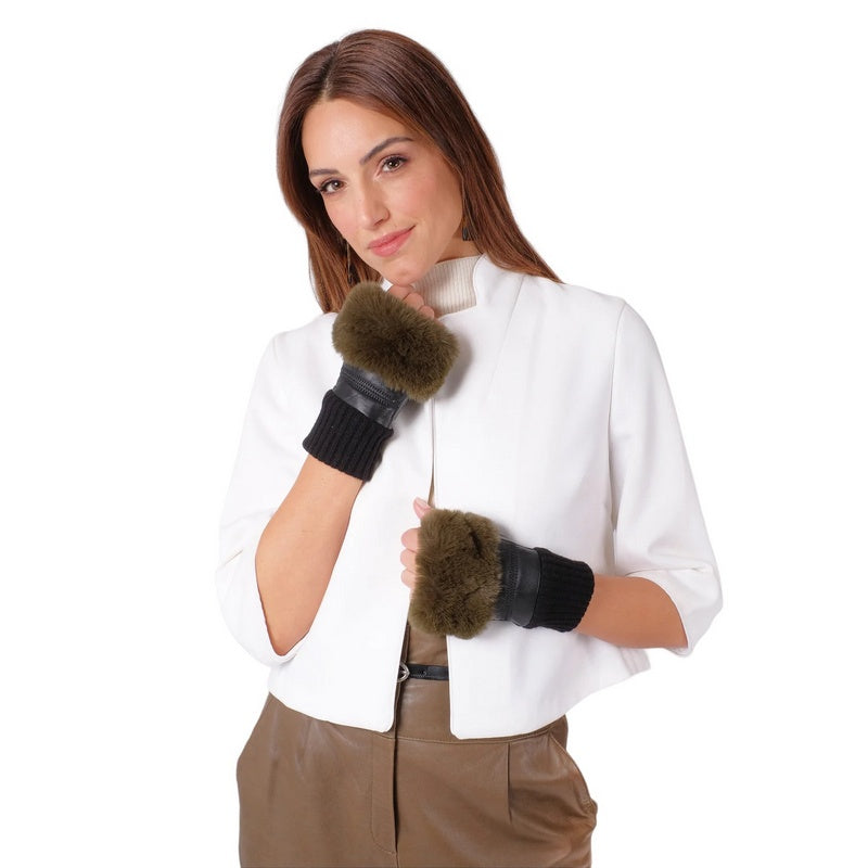 Fingerless Leather Gloves with Faux Fur Olive Green Trim GLVFM506A-G07 on model