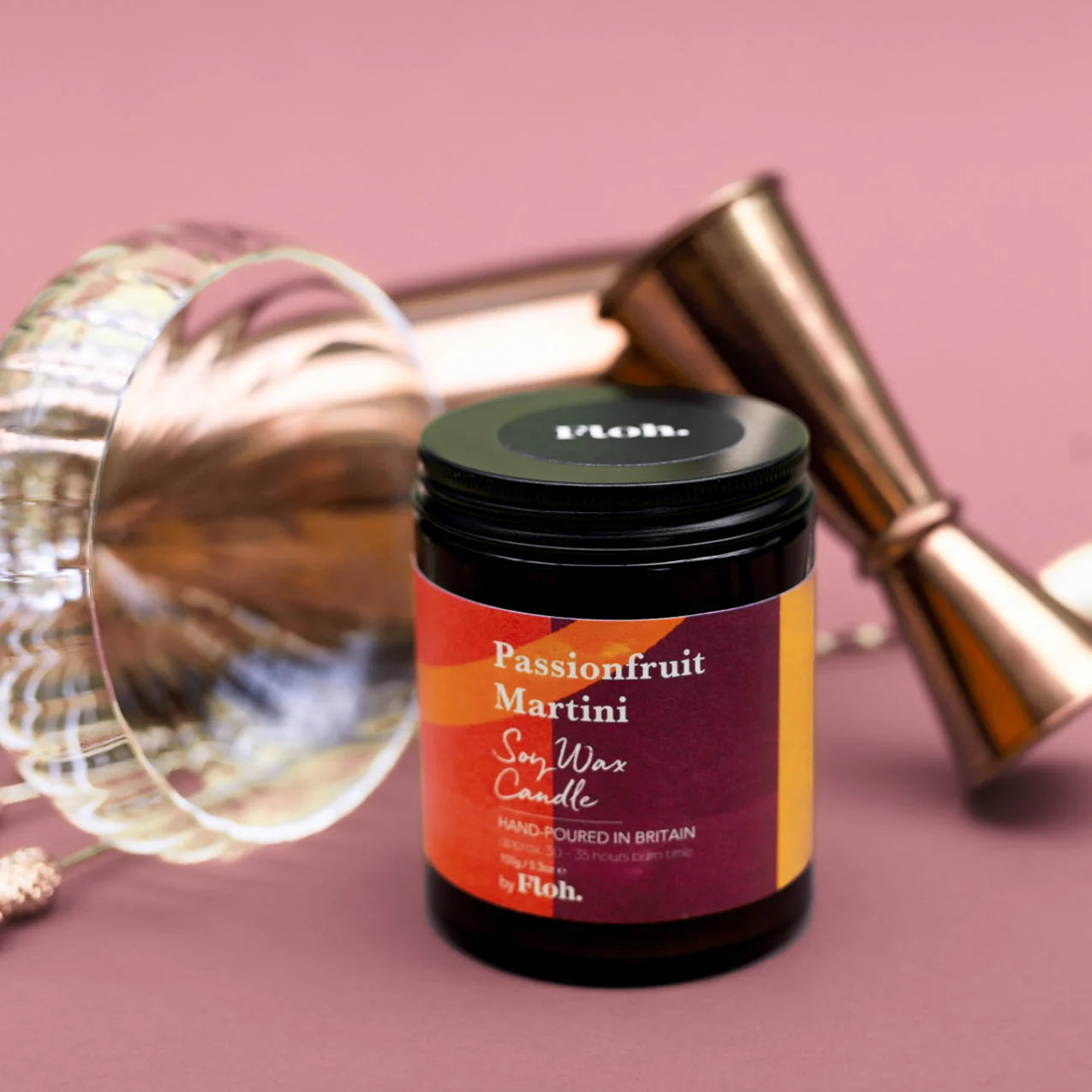 Floh Passionfruit Martini Apothecary Candle in Glass Jar AC91FH with cocktail measure