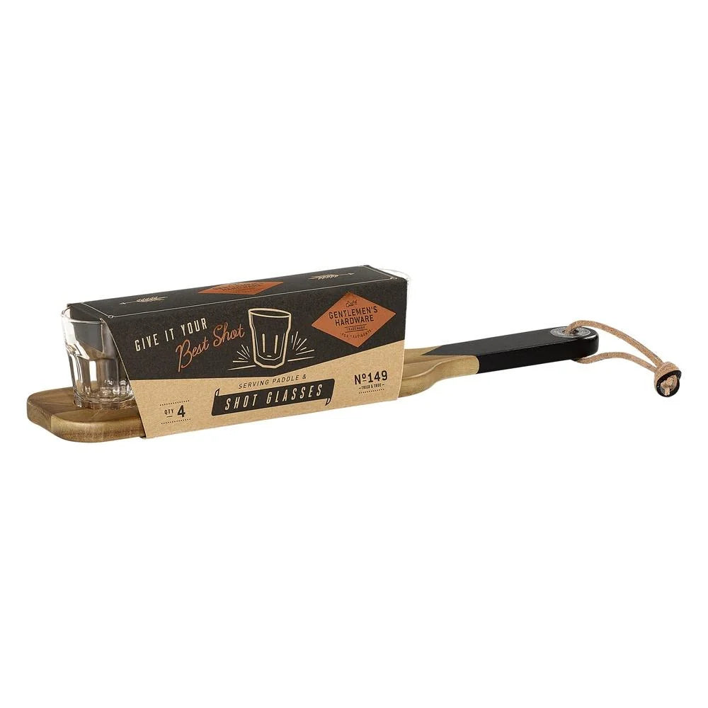 Gentlemen's Hardware Serving Paddle and Shot Glasses GEN149 package