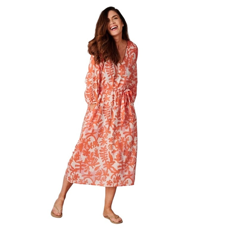 Gili Print Indian Cotton Dress in Coral on model front