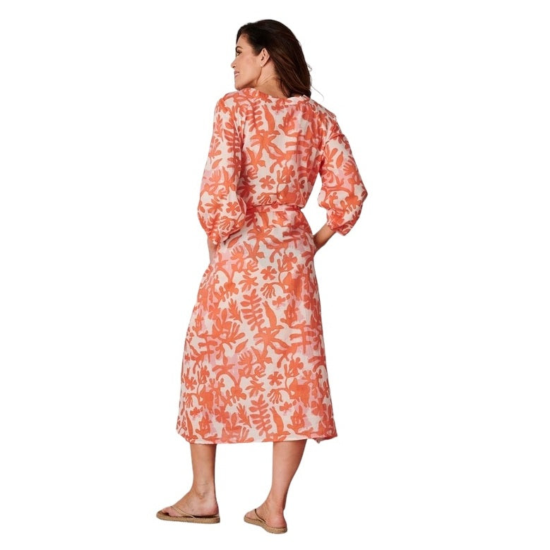 Gili Print Indian Cotton Dress in Coral on model rear