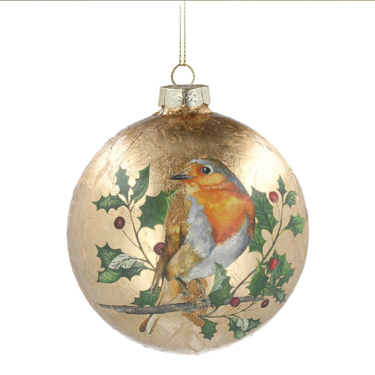 Gisela Graham Antique Gold Glass Bauble With Robin 00613 main