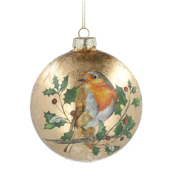 Gisela Graham Antique Gold Glass Bauble With Robin 00613 main