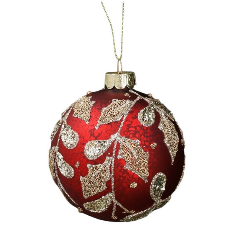 Gisela Graham Antique Red Glass Bauble with Gold & Silver Beaded Holly 02316 front