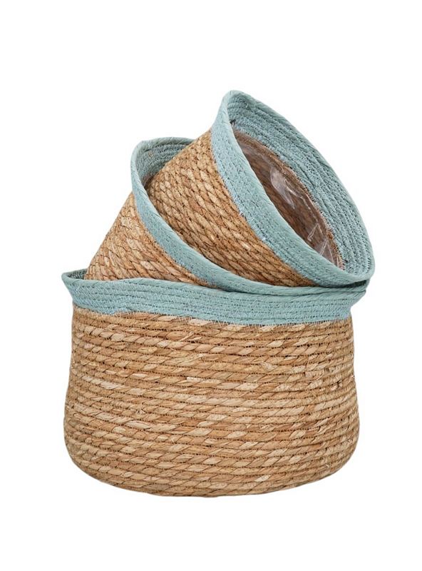 Gisela Graham Blue Trim Natural Woven Lined Tub Basket Large 35726C 3 sizes