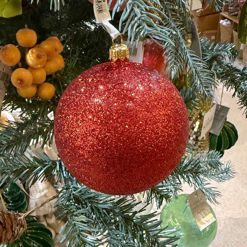 Gisela Graham Cherry Red Glitter Bauble 00571 on tree