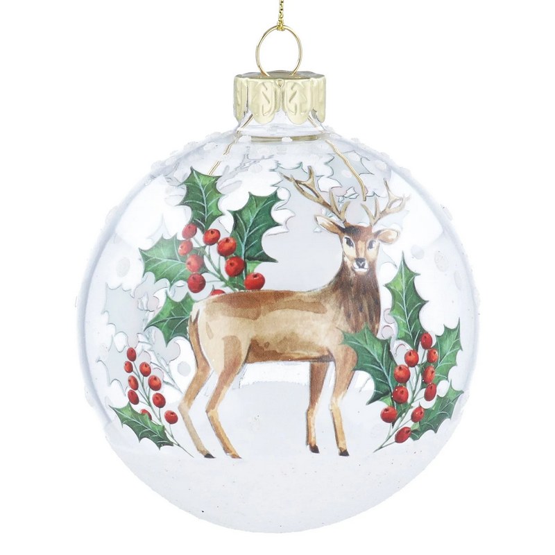 Gisela Graham Clear Glass Bauble With Stag & Holly 01258 main