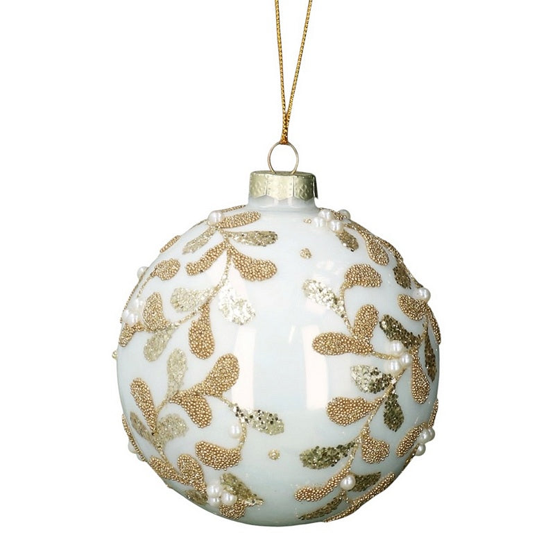 Gisela Graham Cream & Gold Beaded Vines Glass Bauble 01259 main