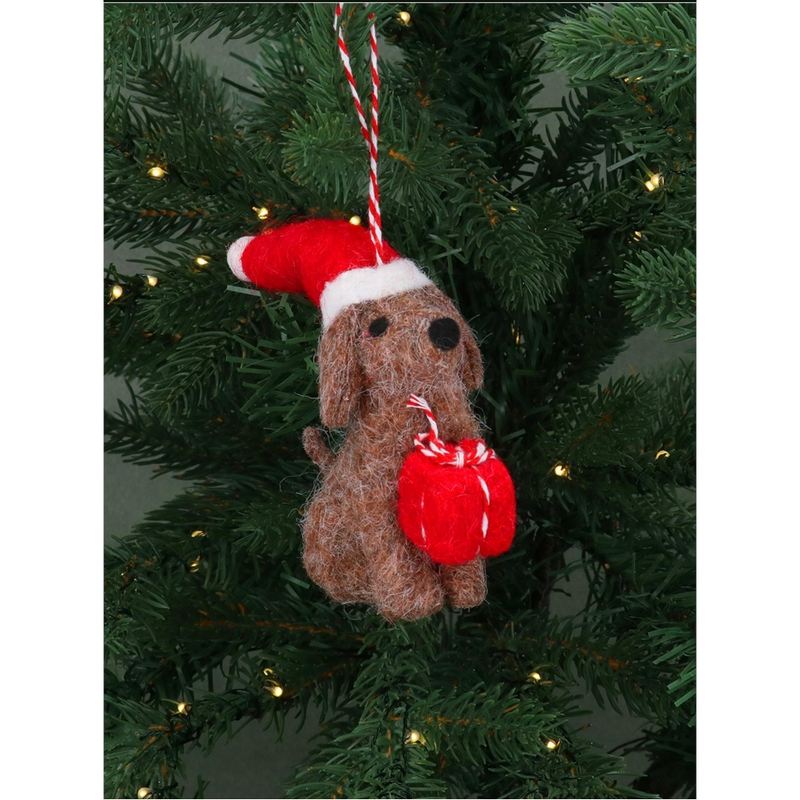 Gisela Graham Dog with Santa Hat Mixed Wool Decoration 11725 brown do