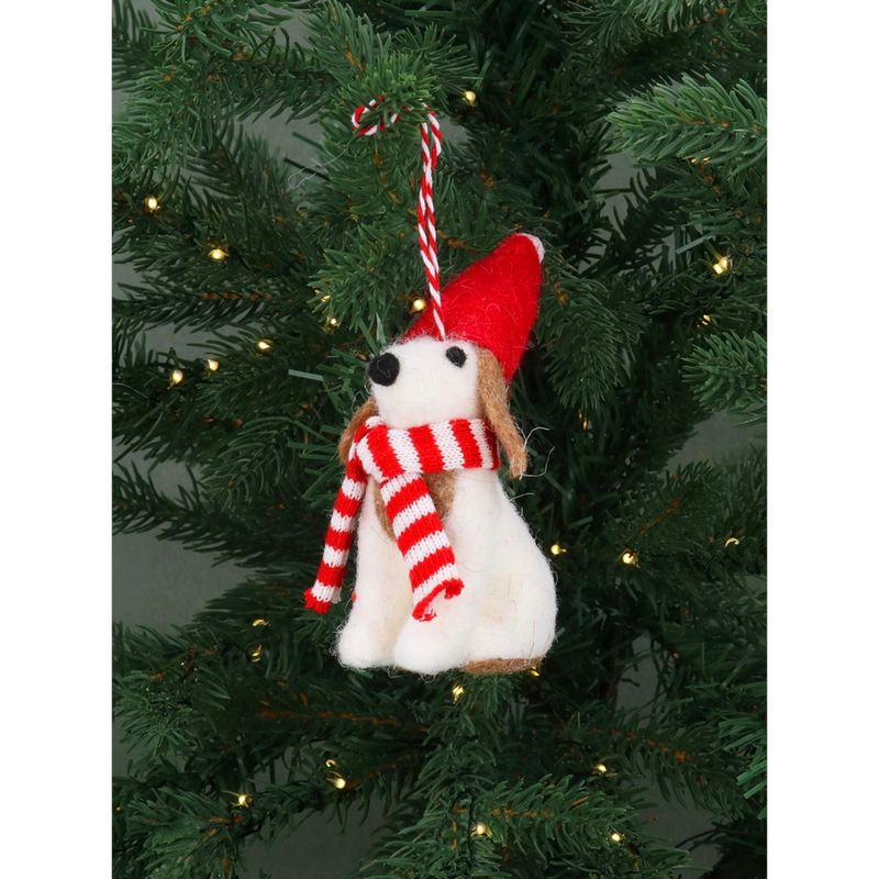 Gisela Graham Dog with Santa Hat Mixed Wool Decoration 11725 white dog
