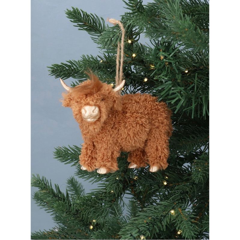 Gisela Graham Faux Fur Highland Cow Decoration 12167 on tree