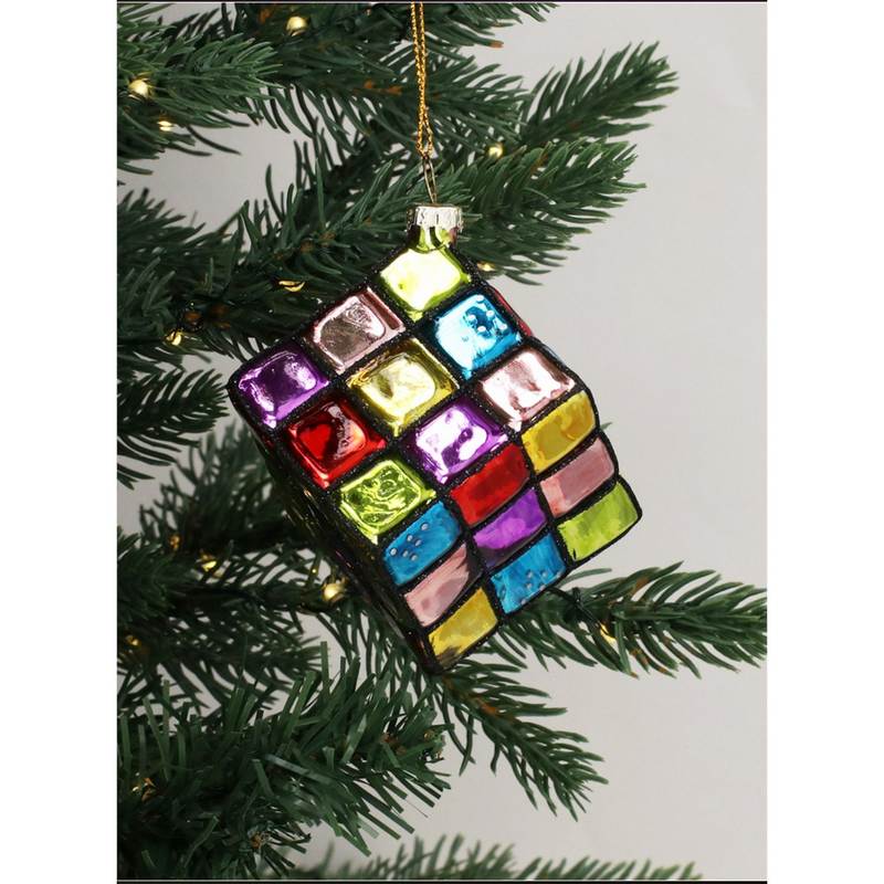 Gisela Graham Glass Rubik's Cube Christmas Decoration 01246 on tree