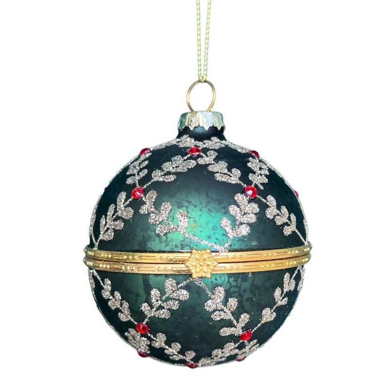 Gisela Graham Green Opening Glass Bauble With Leaf Trellis 01997 front