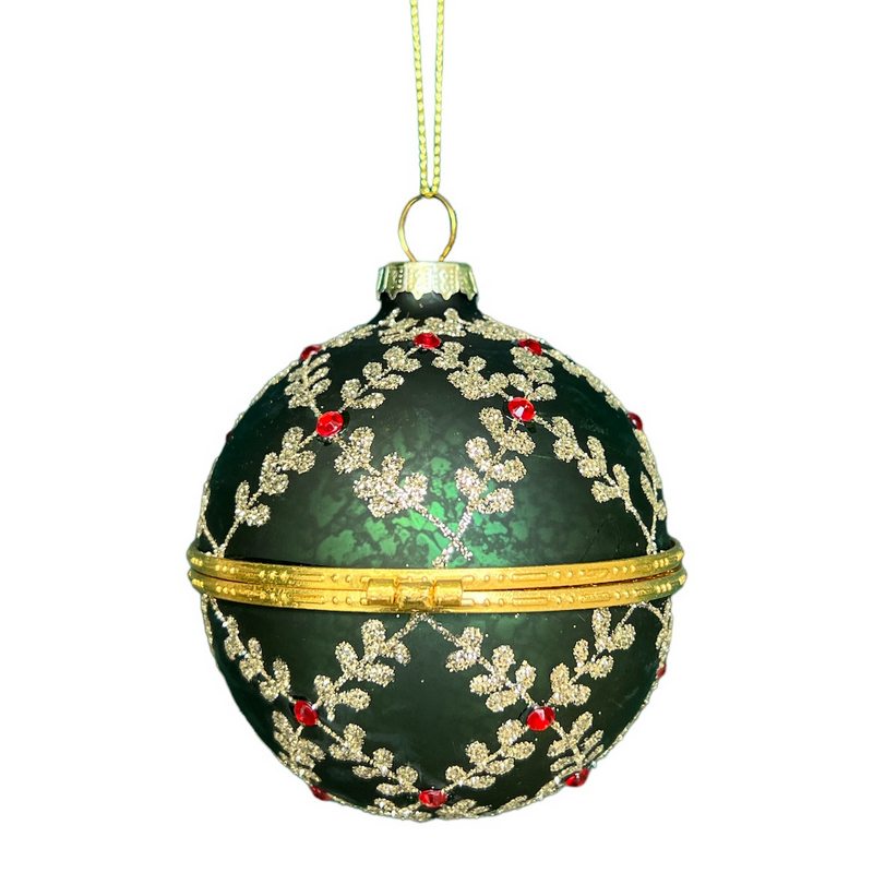 Gisela Graham Green Opening Glass Bauble With Leaf Trellis 01997 back