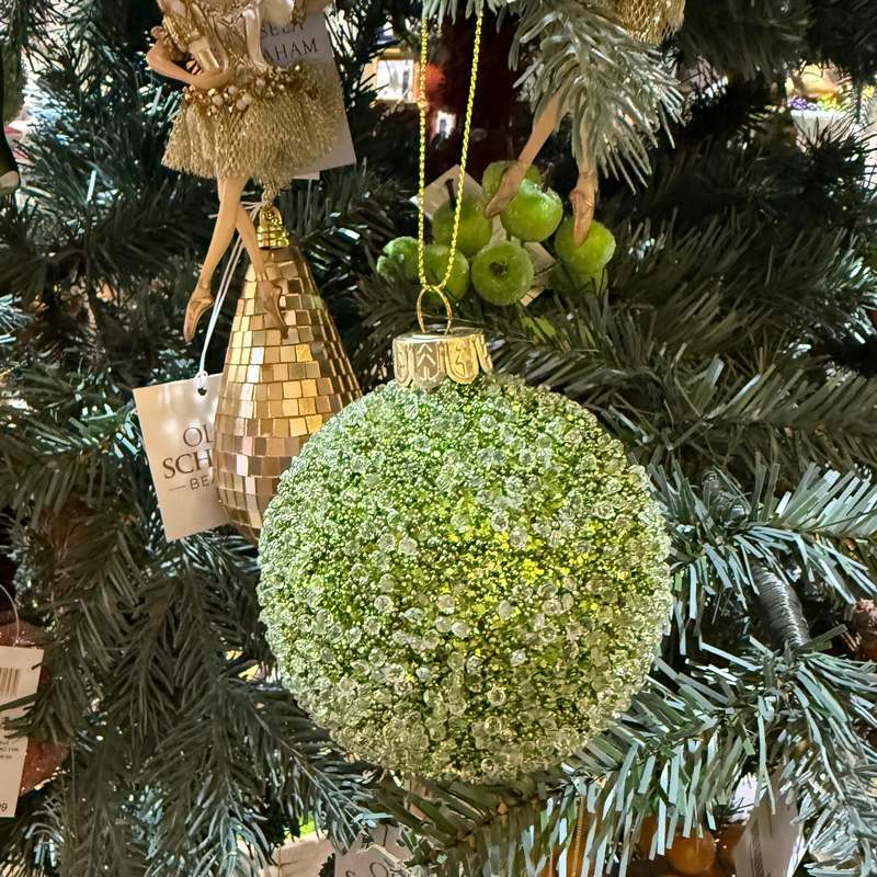 Gisela Graham Green &amp; Gold Beaded Glass Ball Decoration 01108 on tree