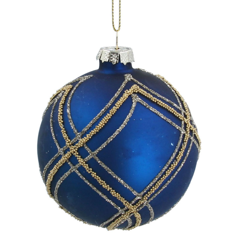 Gisela Graham Matt Blue Glass Bauble with Multi Gold Trellis 01848 main