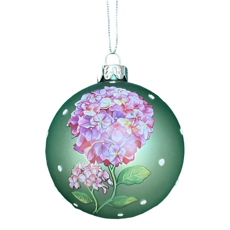 Gisela Graham Matt Green Glass Bauble with Pink Hydrangeas 01241 front