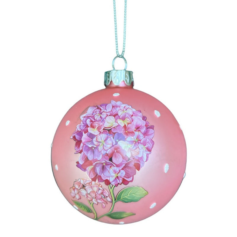 Gisela Graham Matt Pink Glass Bauble with Pink Hydrangeas 01239 front