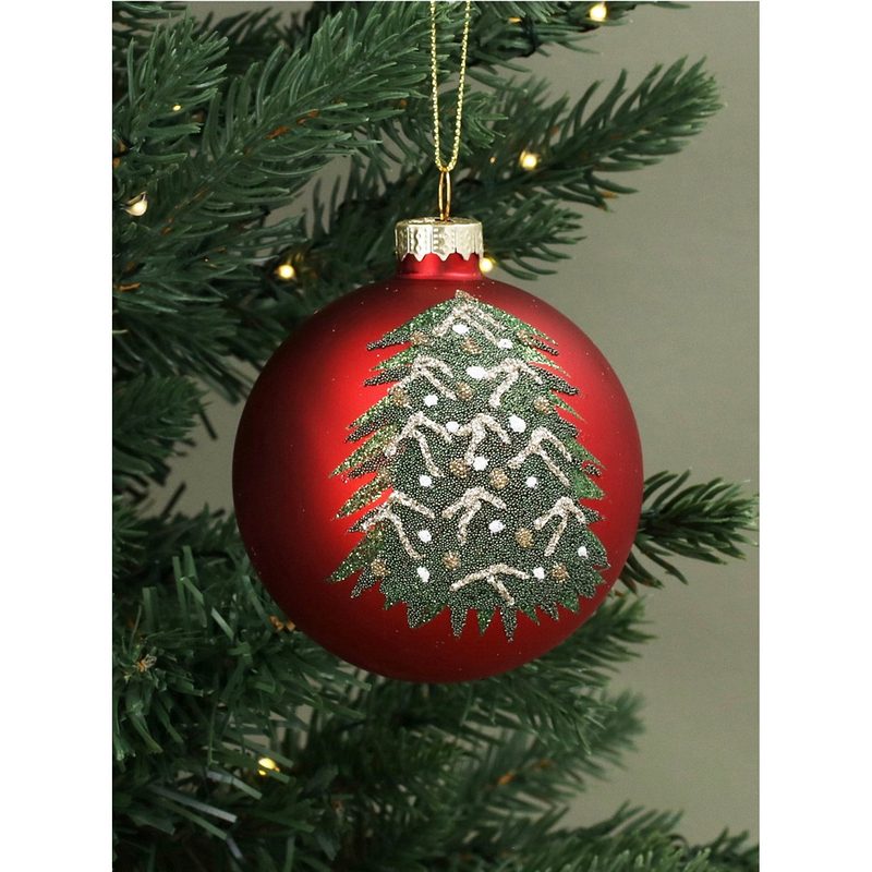 Gisela Graham Matt Red Glass Bauble With Green Beaded Tree 02153 on tree