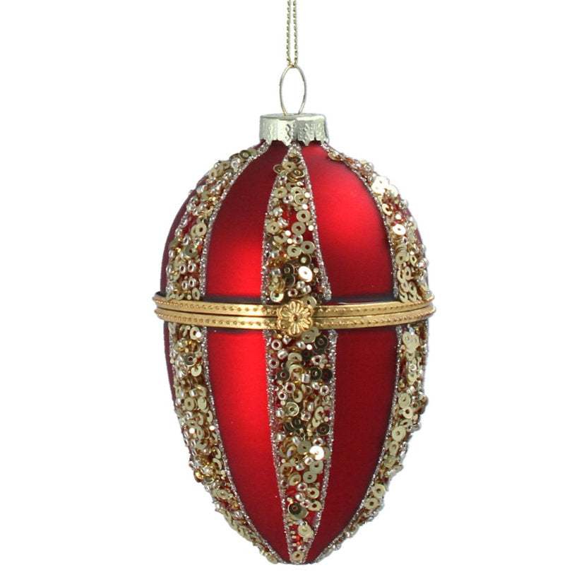 Gisela Graham Matt Red & Gold Glitter Opening Egg Glass Bauble 01992 main