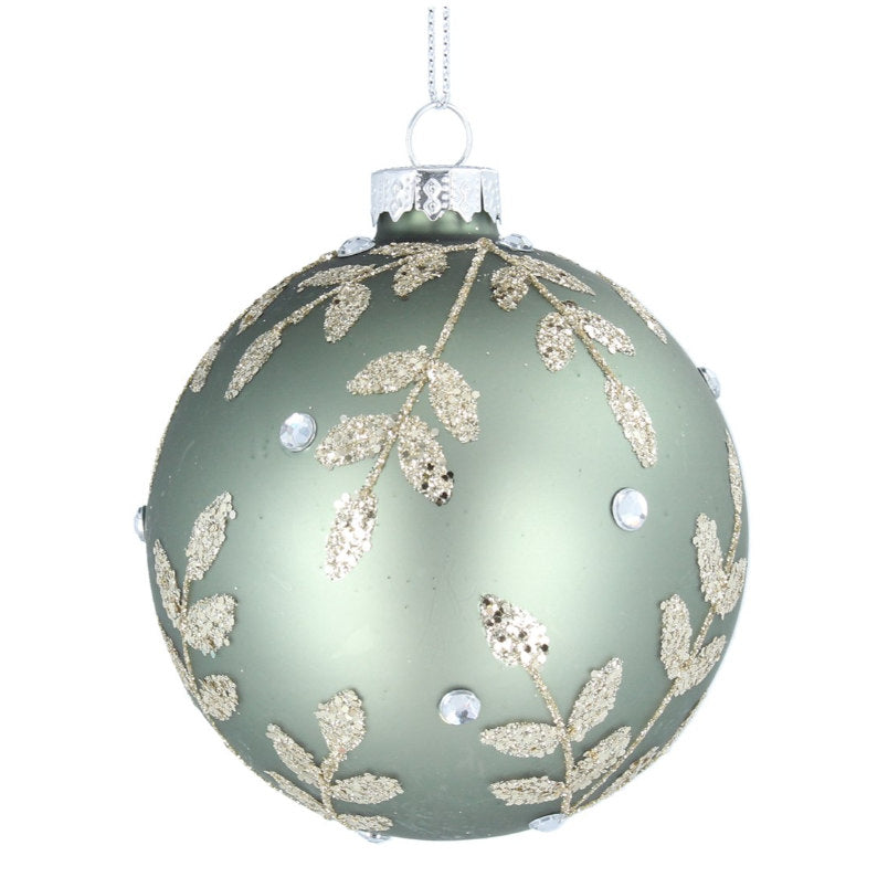 Matt Sage Green Glass Bauble with Glitter Leaves