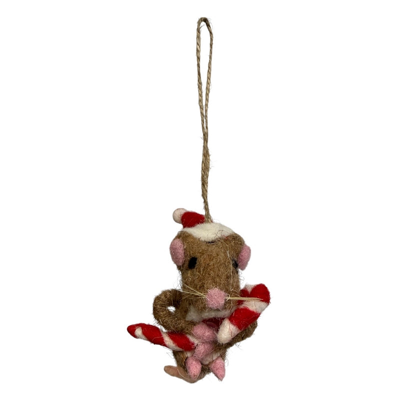 Gisela Graham Mixed Wool Mouse with Candy Cane Decoration 10137 front