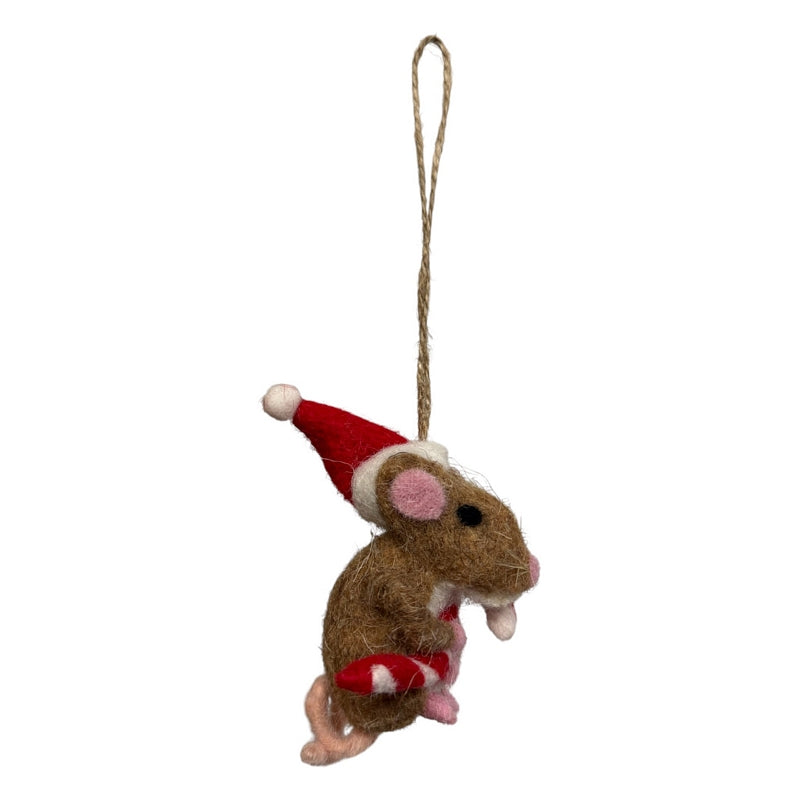 Gisela Graham Mixed Wool Mouse with Candy Cane Decoration 10137 reight side