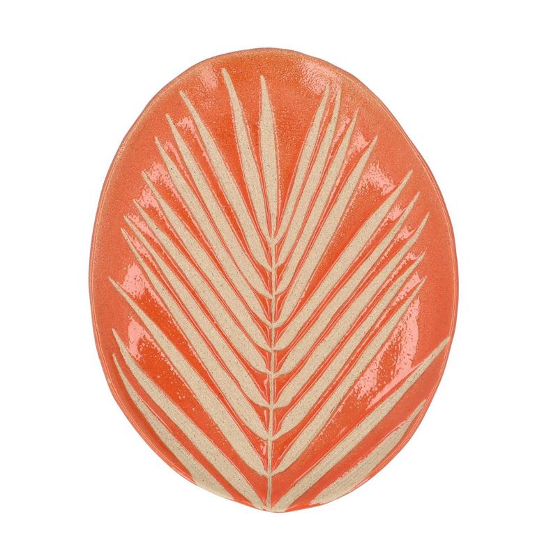 Gisela Graham Orange Stoneware Palm Leaf Oval Plate Small 33195 top