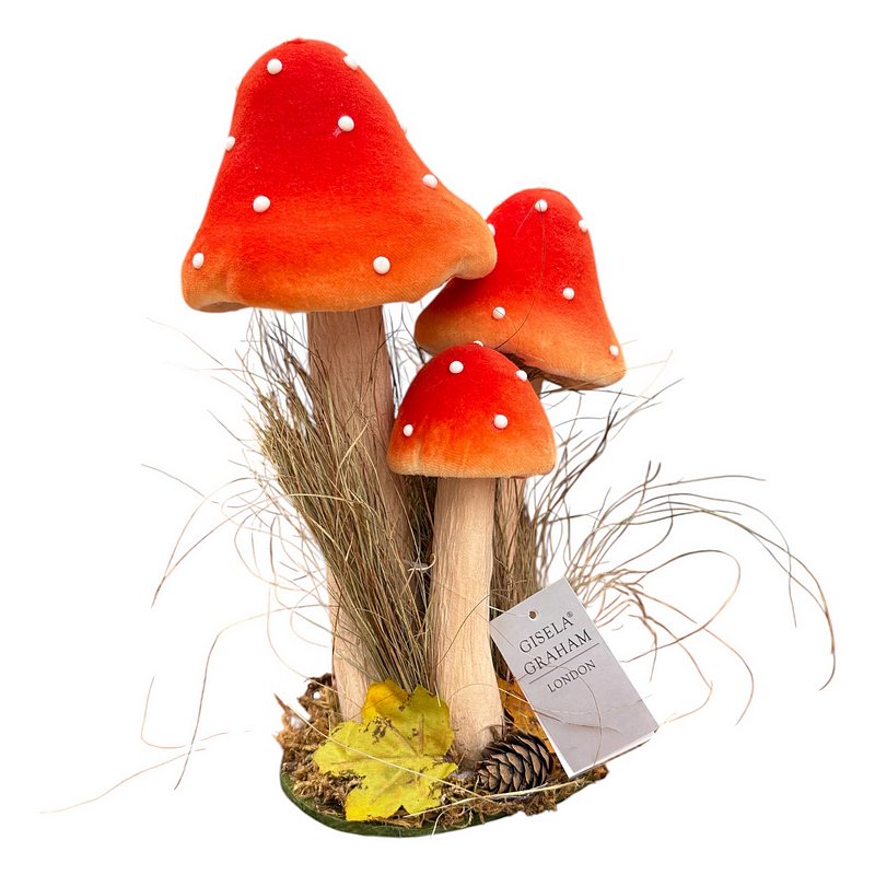 Gisela Graham Red Triple Flock Toadstool Ornament Large 35647 front