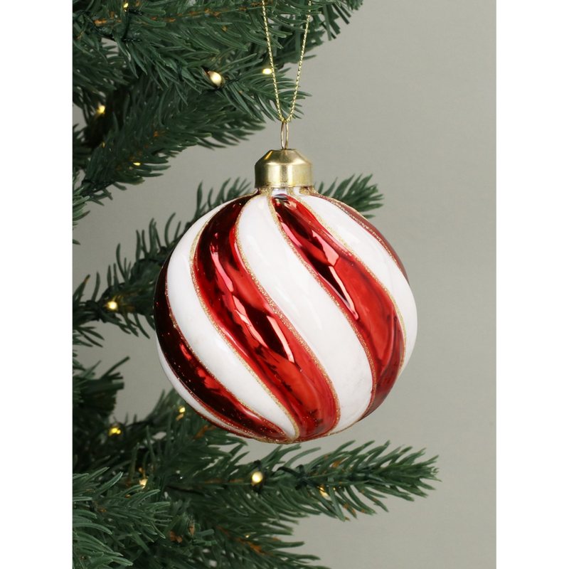 Gisela Graham Red & White Swirl Glass Ball Decoration 01037 on tree