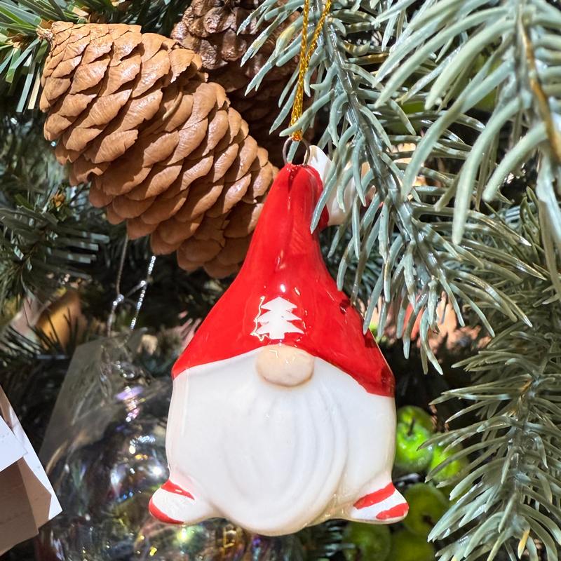 Gisela Graham Red and White Ceramic Gonk Decoration 15647 on tree