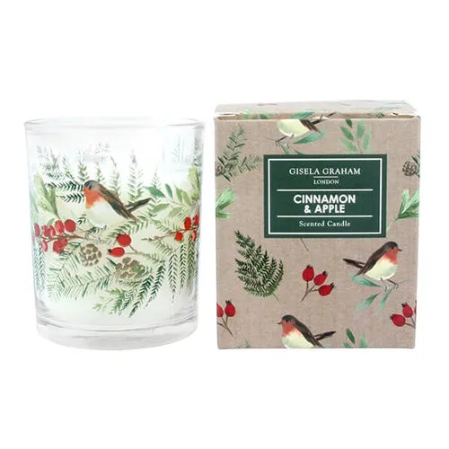 Gisela Graham Robin & Rosehips Boxed Cinnamon & Apple Candle Small 51674 box & votive