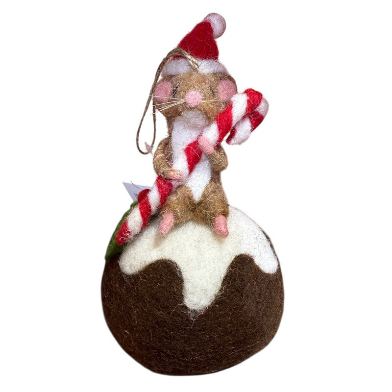 Gisela Graham Wool Mouse on Christmas Pudding Decoration 10131 front