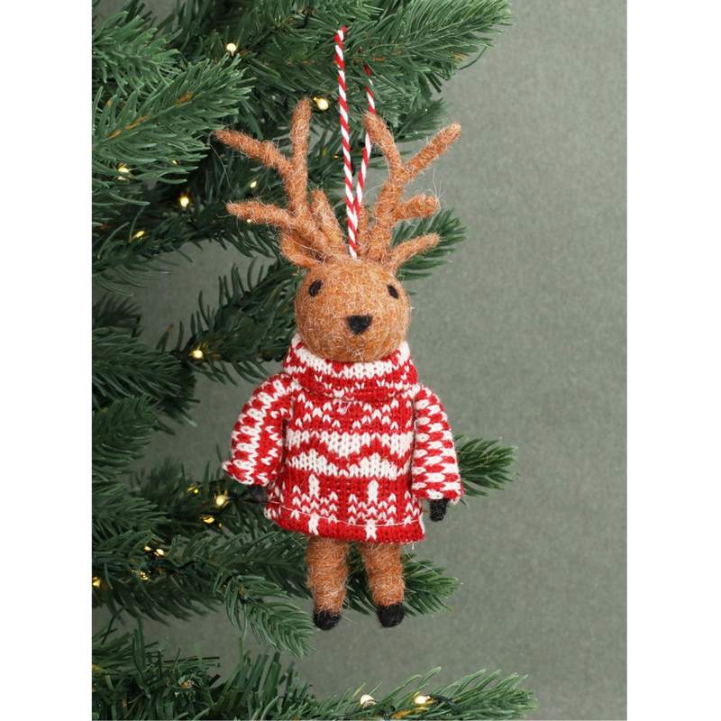 Gisela Graham Wool Reindeer With Scandi Dress Decoration 16532 on tree