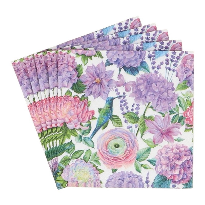 Gisela Graham Pack of 20 Paper Napkins Lilac Flowers and Hummingbird 36628 fanned out