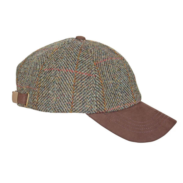 Glencairn Baseball Cap in Sage Wine Gold Harris Tweed side