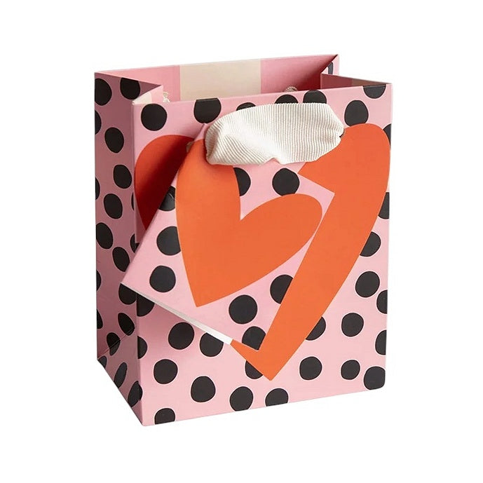 Heart on Pink Charcoal Spot Petite Gift Bag With Tag