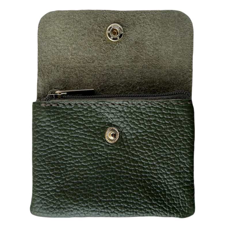 Italian Leather 3 Pocket Purse in Olive Green open