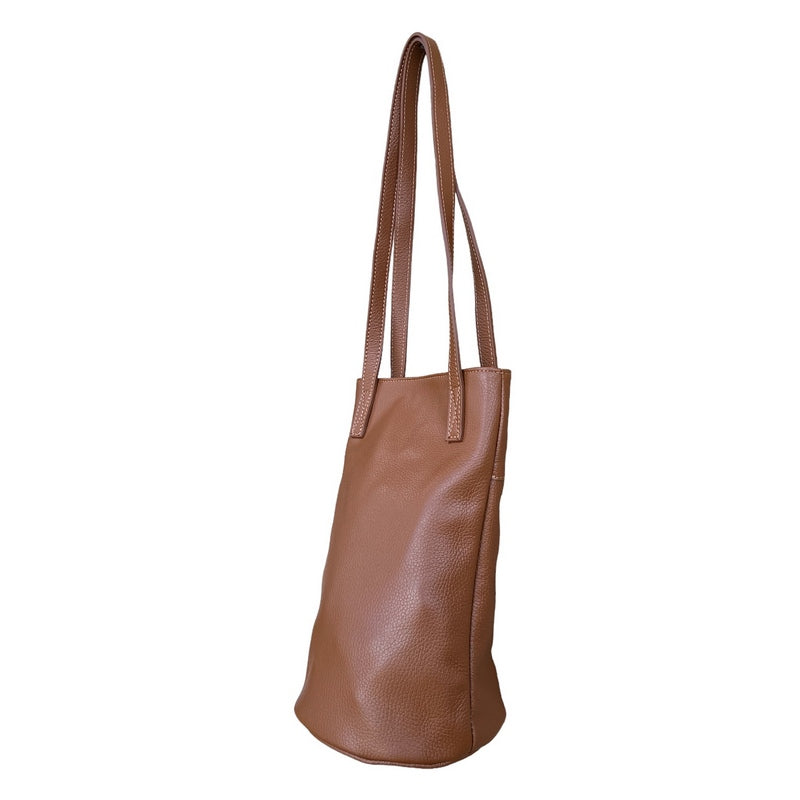 Italian Leather Bucket Bag in Dark Tan PM586 side