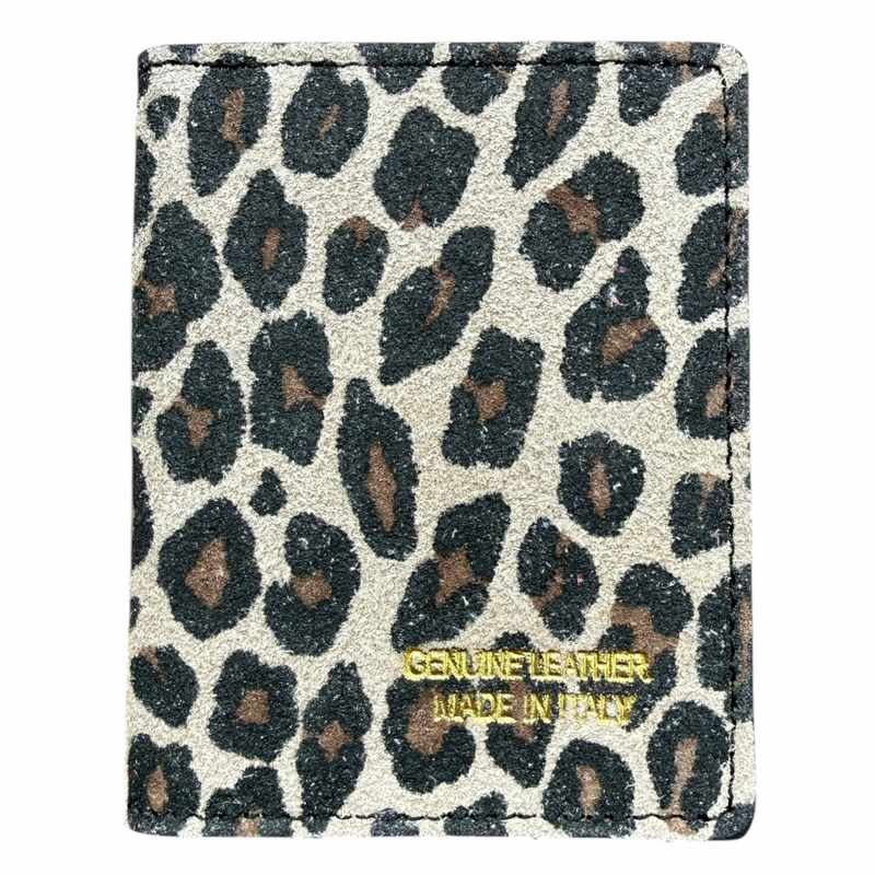 Italian Leather Card Case Matt Leopard Light Taupe front
