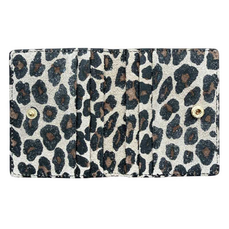 Italian Leather Card Case Matt Leopard Light Taupe open