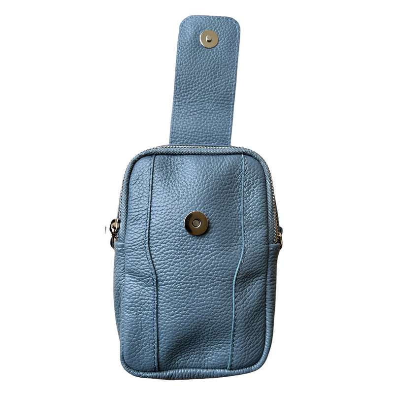 Italian Leather Cross-Body Camera Bag in Denim open