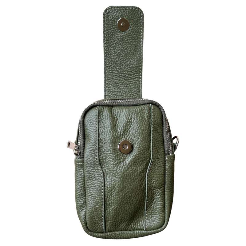 Italian Leather Cross-Body Camera Bag in Olive Green open