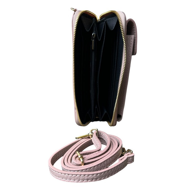 Italian Leather Cross-Body Purse in Smoke Rose open with strap
