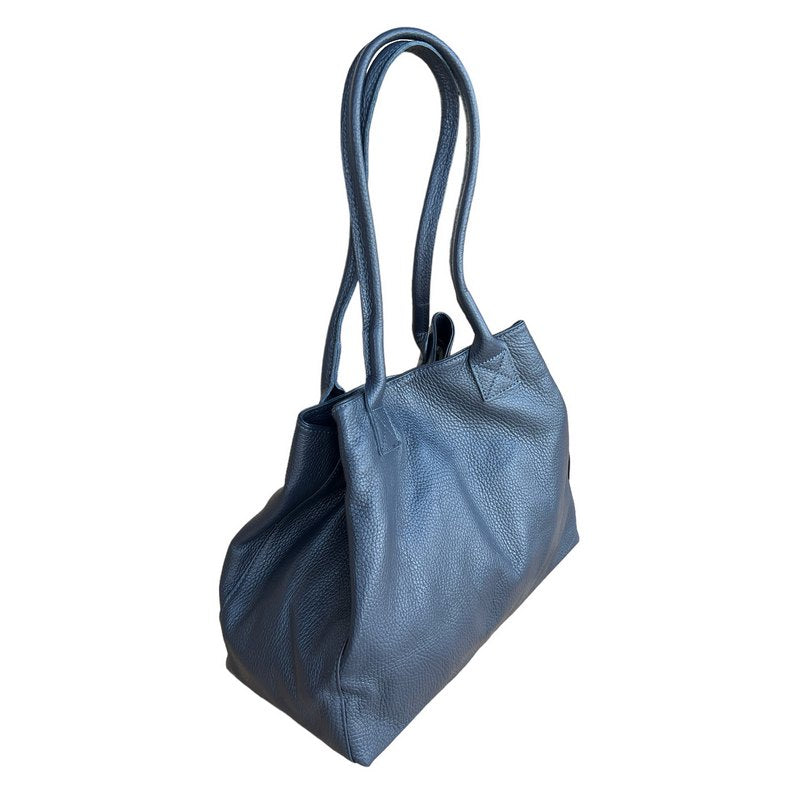 Italian Leather Expandable Tote Bag in Navy PL454 side